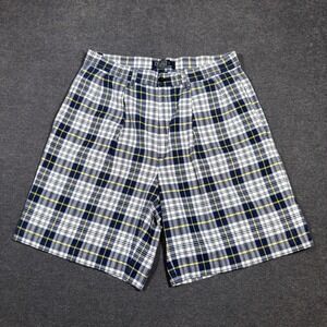 Polo Ralph Lauren Shorts Men 32 Blue White Yellow Plaid Cotton Pleated Vintage